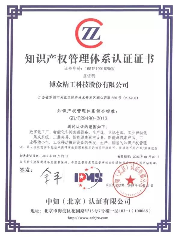 Intellectual Property Management System Certification Certificate